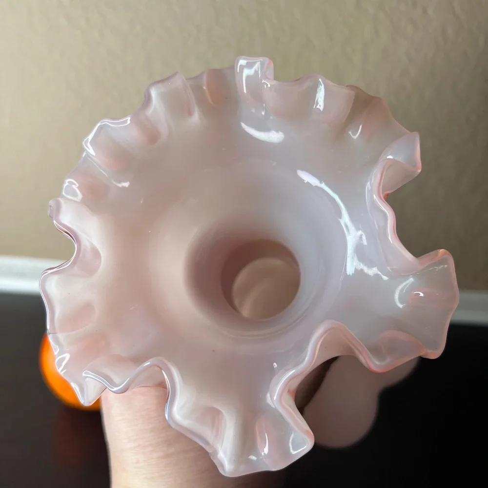 Vintage Fenton Art Glass 8” Dusty Rose Pink Overlay Melon Vase w Double Crimped